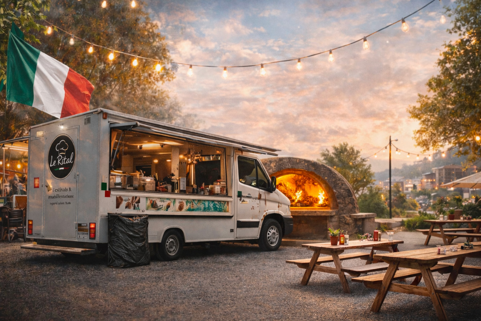 Ambiance festive avec guirlandes et four à pizza