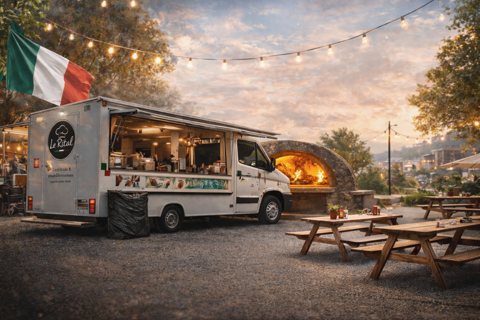 Ambiance festive avec guirlandes et four à pizza